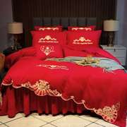 高档大红色婚庆结婚四件套床上用品1.5m18米床单床裙床罩被套龙凤