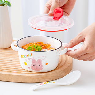 儿童陶瓷米饭碗双耳碗带盖动物卡通学生专用单人碗ins耐高温餐具