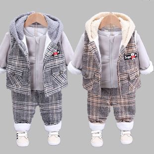 秋冬装0-1-2-3岁半男宝宝衣服冬天婴，儿童加绒套装，女童装三件套潮5