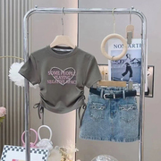 女童套装夏季2023韩版中大童，洋气儿童心形上衣牛仔短裙两件套