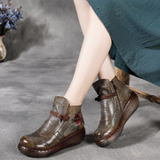 坡跟短靴2024秋冬民族风绣花牛皮松糕女靴复古软皮，厚底单靴子(单靴子)