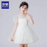 罗蒙女童公主裙礼服白色裙子，儿童洋气女孩夏季蓬蓬，纱裙连衣裙演出