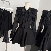 蓬蓬裙小个子自制2024通勤百搭显瘦黑色雪纺，上衣半身裙套装时尚潮