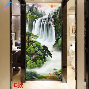 走廊入户玄关墙壁纸8d中式古典油画风景16d立体山水过道墙布装饰