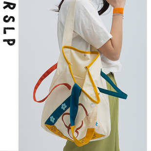 若素良品原创印花单肩手提帆布，托特包袋撞色小众设计韩版日系