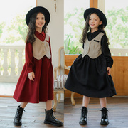 23秋季韩版假二件女童，马夹学院长袖连衣裙，老钱风红色翻领撞色衬衣