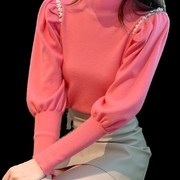 香港TIMcO2023钉珠半高领针织打底衫女时髦灯笼袖毛衣小衫秋
