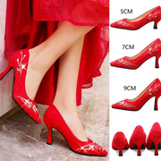 中式婚鞋女高跟红色细跟结婚鞋子新娘鞋红鞋尖头秀禾鞋敬鞋婚礼鞋