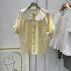 彩色豆豆家夏季女士衬衫衬衣，奶油黄蕾丝(黄蕾丝)领宽松短袖黄色上衣