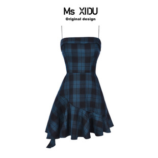 Ms XIDU原创 特殊蓝绿色系! 波浪下摆格子吊带裙打底抹胸裙春夏裙