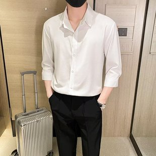 黑色7分袖衬衫男韩版潮流，七分袖衬衣，轻熟风痞帅夏季高级感白衬衫