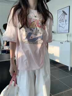 复古chic港风卡通印花短袖T恤女夏季韩版bf原宿学生宽松半袖上衣