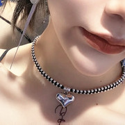 韩版s925纯银爱心项链女桃心锁骨，链项圈手工黑绳编织颈链小众设计