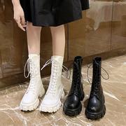 小个子增高马丁靴英伦风，高帮女鞋2023春秋季厚底单靴白色中筒靴子