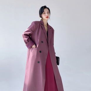 aksaya高级感复古气质，宽松双排扣紫色中长款西装，外套风衣女春秋季