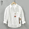 日系印花小众设计感长袖，衬衫男宽松高级感休闲全纯棉衬衣外套白色