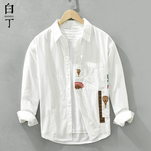 日系印花小众设计感长袖衬衫，男宽松高级感休闲全纯棉衬衣外套白色