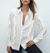西班牙 女装 气质百搭显瘦翻领荷叶设计女士休闲上衣长袖白色衬衫