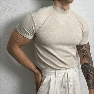 mrdong韩国男装半高领弹力修身健身打底舒适针织，休闲短袖t恤