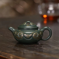 壶塘观色如意仿古紫砂，描金茶壶