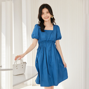 lucidy鲁思蒂短袖连衣裙，2023女夏季蓝色方领泡泡袖中长裙子