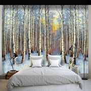 北欧手绘树林油画壁纸，客厅墙布卧室电视，背景墙纸大型定制无缝壁画