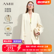 Amii2024春飘带V领一粒扣宽松中长西装女黑色西服正装职业装