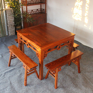新中式实木餐桌椅组合酒店榆木八仙桌家用正方形四方桌仿古小方桌