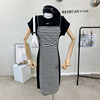 韩版气质休闲设计感小众短袖收腰显瘦拼接条纹假两件连衣裙夏季女