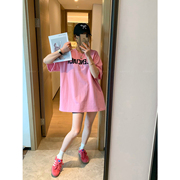 爱情魔鬼鱼 粉色字母短袖圆领T恤女2024夏季宽松休闲时尚上衣
