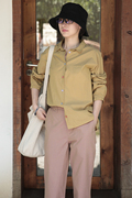 东方豆蔻(东方豆蔻)设计夏款高密色织纯棉，浅黄色长袖宽松衬衫41132