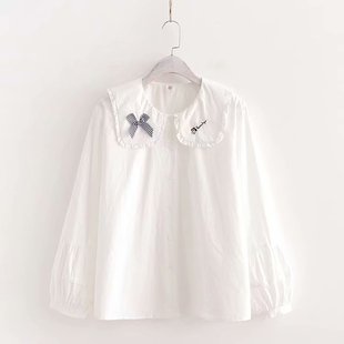 秋季日系小清新刺绣蝴蝶结纯棉，白衬衣(白衬衣)女学生娃娃领灯笼袖打底衬衫