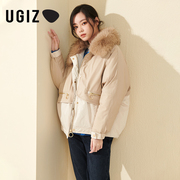 UGIZ2021冬季韩版女装休闲貉子毛领拼色短款羽绒服女UDYE952
