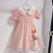 女童夏季短袖连衣裙2022年儿童粉色女孩娃娃领格子公主裙夏装
