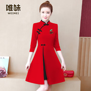 红色连衣裙2023春秋季旗袍，改良版中国风，绣花裙子气质大码女装