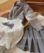 女童秋季套装儿童娃娃领刺绣，衬衣百褶裙毛衣开衫学院风三件套