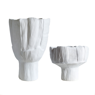 创意编织纹高脚花器简约小清新白色陶瓷花瓶客厅餐桌茶几装饰摆件