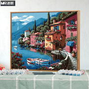 迷朗diy数字油画风景地中海客厅，大幅数码填色手绘装饰画湖边别墅