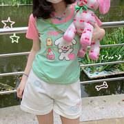 可爱少女运动套装女夏季纯棉绿色短袖，短裤学生韩版宽松休闲两件套