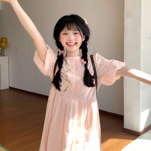 日系甜美软妹粉色连衣裙，女小个子2024夏季温柔超仙气质刺绣衬衫裙