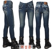 韩国进口女士修身蓝色刺绣个性哈雷印第安骑士机车牛仔裤长裤