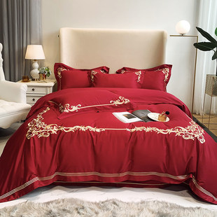 简约欧式60支贡缎长绒棉四件套大红色婚庆刺绣全棉床单被套床品
