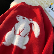 冬季港风北极绒兔年卡通，红色圣诞毛衣，针织衫情侣外套