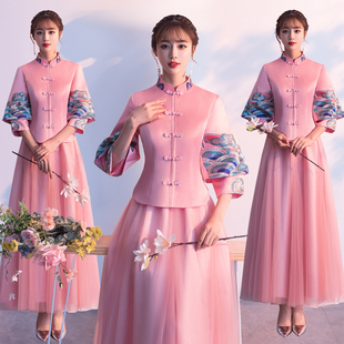 中式伴娘服2024秋冬姐妹，团装结婚纱礼服粉色，汉服旗袍伴娘裙女