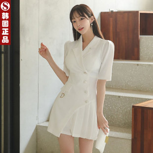 韩国春夏法式西装连衣裙短袖短款小个子时尚气质收腰百褶韩系