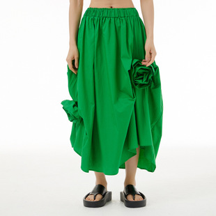 春天的颜色绿色纯棉立体花苞半身裙小众设计玫红不规则裙淡黄色瘦