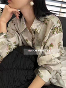 韩国货(韩国货)2024春季时尚翻领单排扣长袖宽松米白色印花衬衫女