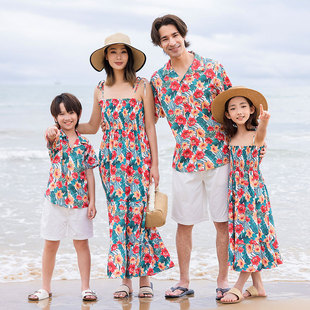 沙滩亲子装海边度家三口夏威夷母女装，吊带连衣裙短袖衬衫套装