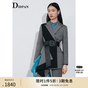 IDPAN冬季时尚色块拼接设计不对称下摆西装戗驳领女装中长外套女