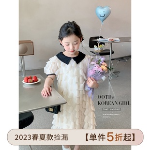 女童夏季米色娃娃领花瓣裙，2023中大童气质甜美优雅短袖公主裙
